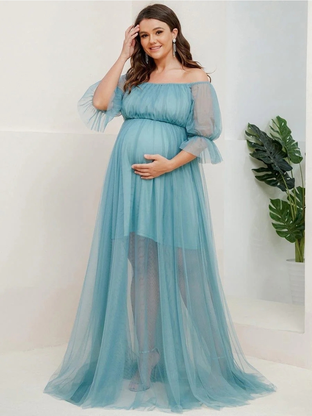 Ever Pretty One-Shoulder Light Teal 🩵 Tulle Maternity Gown